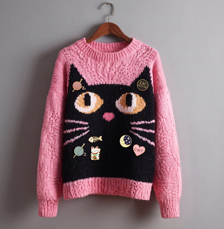 Salem | Women's Distressed Color-Block Cat-Print Crew-Neck Halloween Sweater