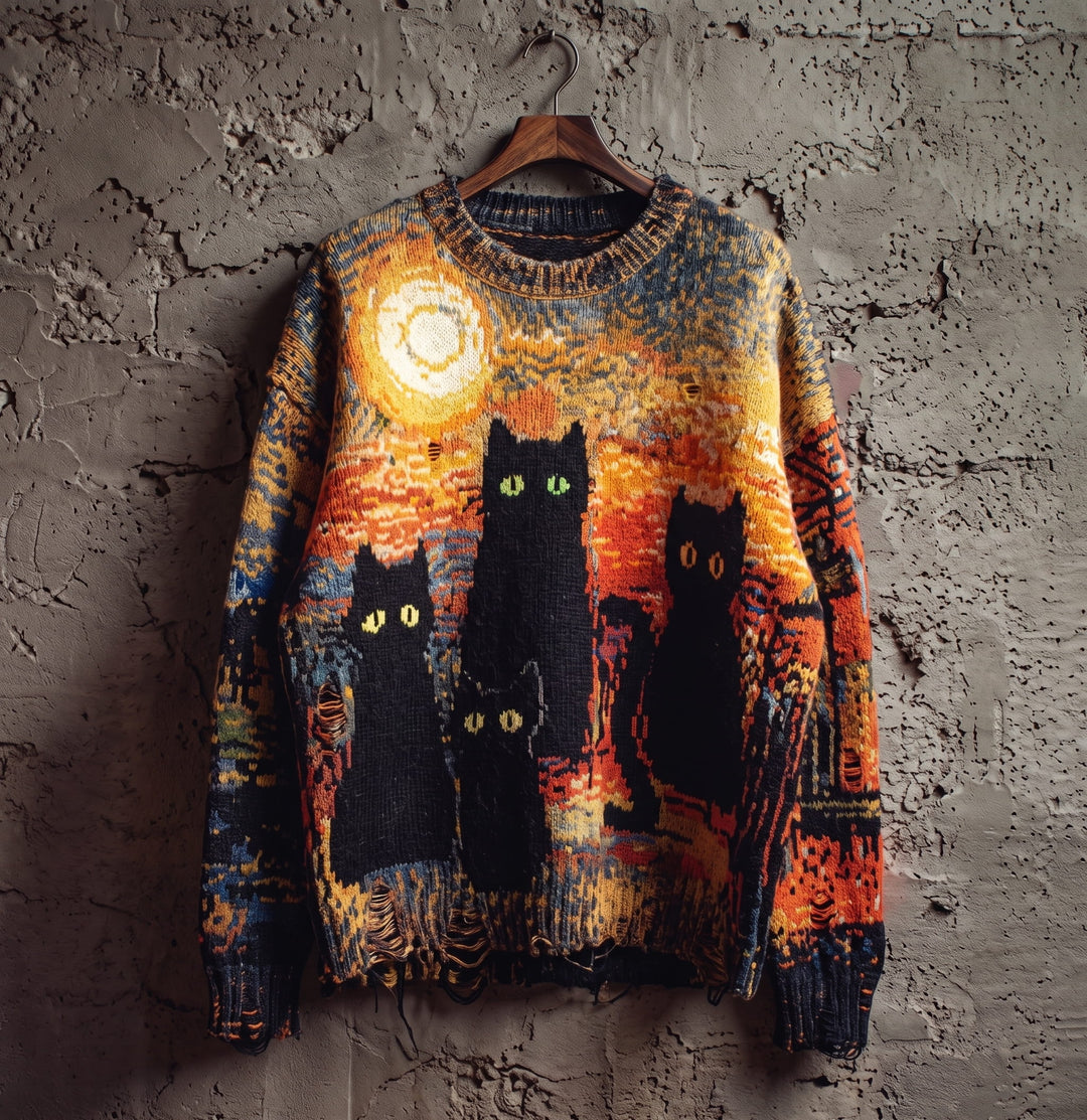 Salem | Women's Distressed Color-Block Cat-Print Crew-Neck Halloween Sweater