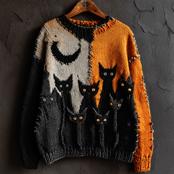 Salem | Women's Distressed Color-Block Cat-Print Crew-Neck Halloween Sweater