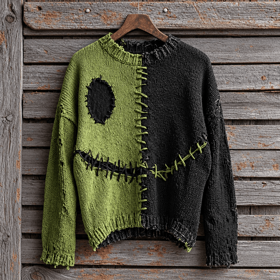 Salem | Women's Distressed Color-Block Cat-Print Crew-Neck Halloween Sweater