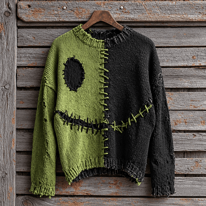 Salem | Women's Distressed Color-Block Cat-Print Crew-Neck Halloween Sweater