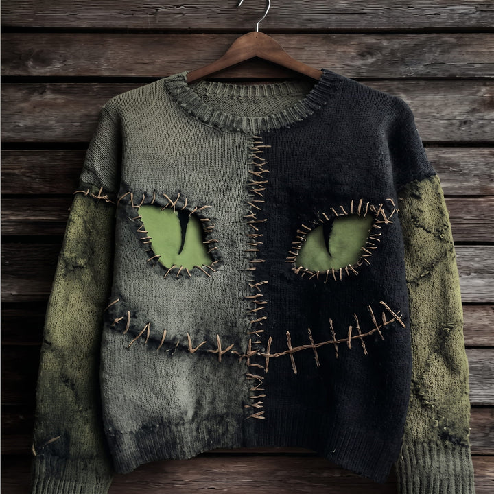 Salem | Women's Distressed Color-Block Cat-Print Crew-Neck Halloween Sweater