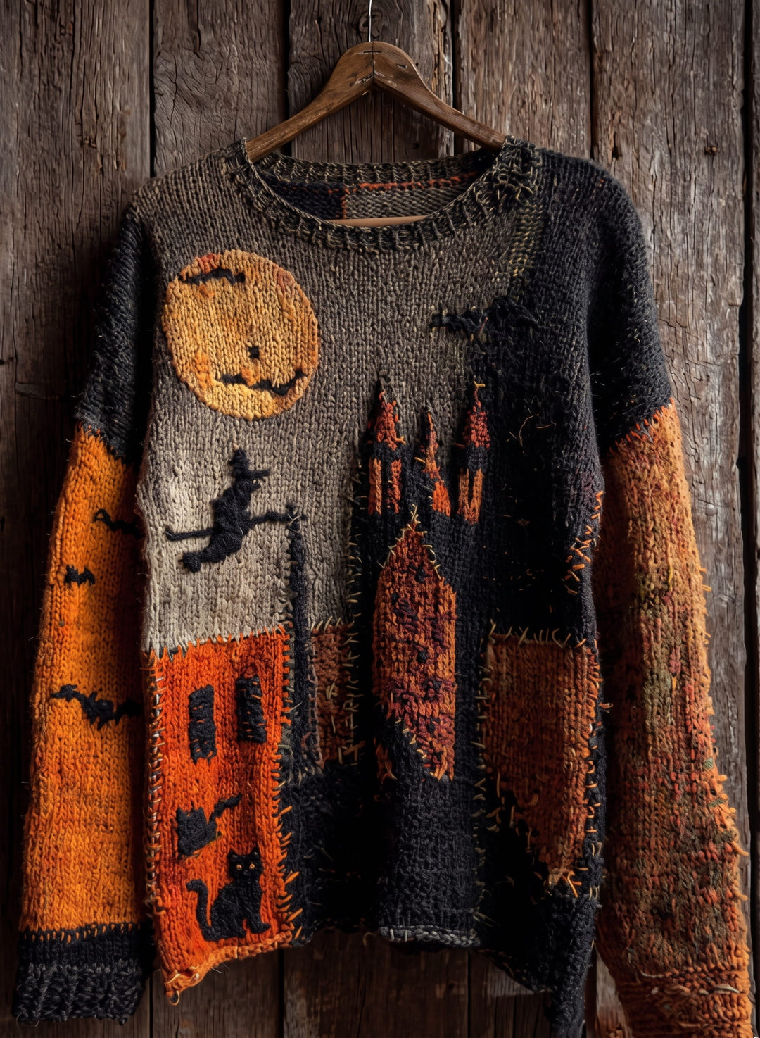 Salem | Women's Distressed Color-Block Cat-Print Crew-Neck Halloween Sweater