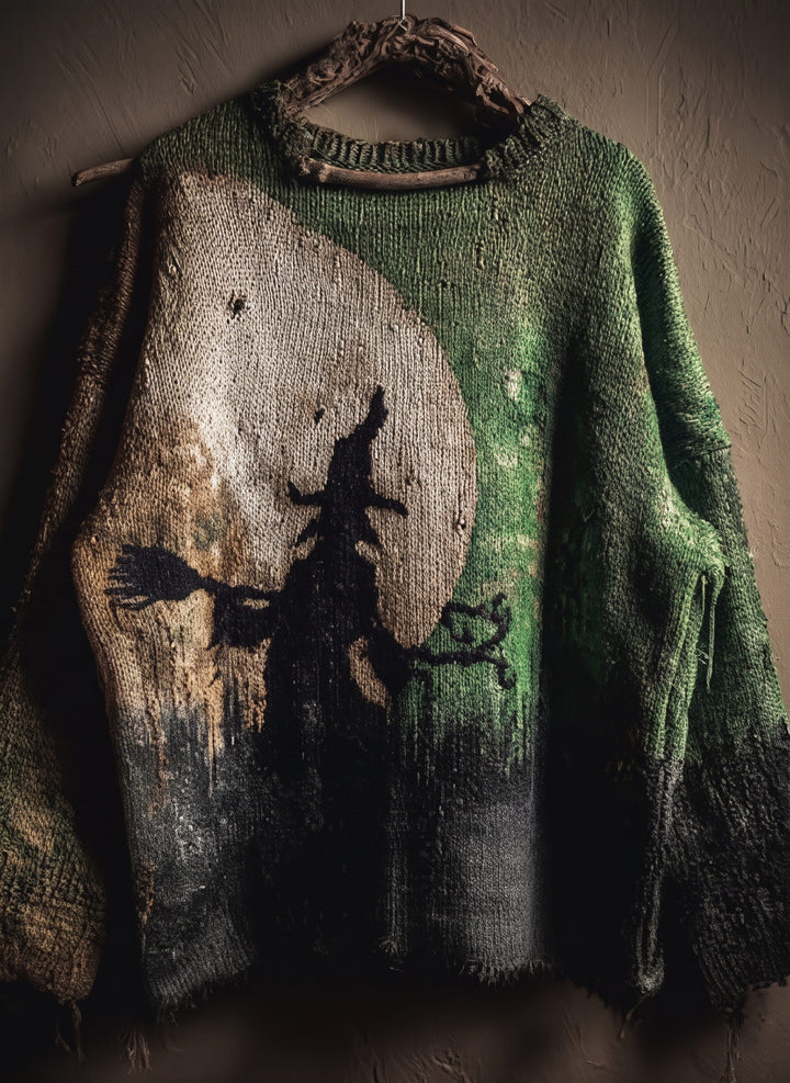 Salem | Women's Distressed Color-Block Cat-Print Crew-Neck Halloween Sweater