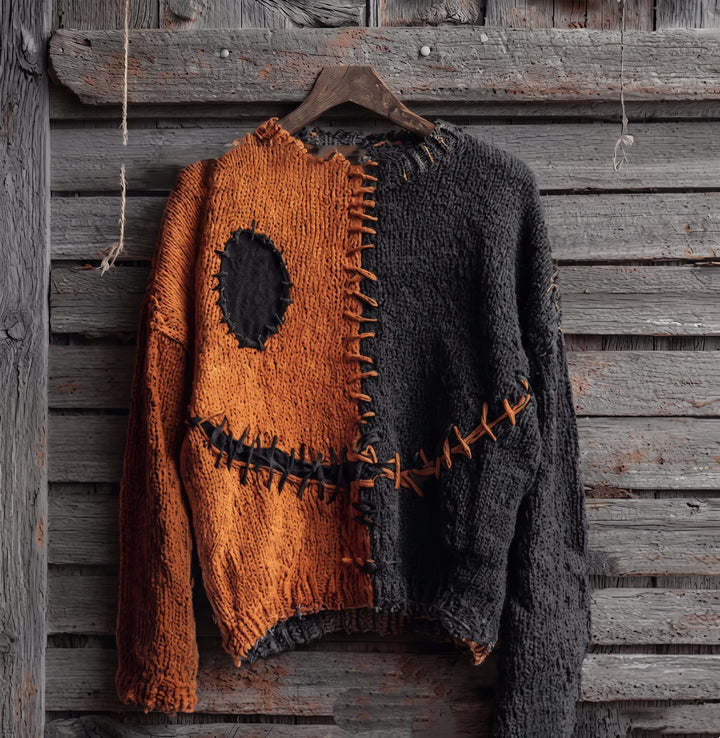 Salem | Women's Distressed Color-Block Cat-Print Crew-Neck Halloween Sweater