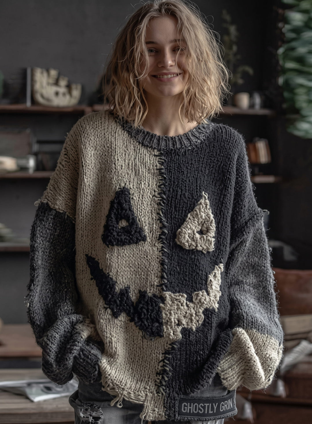 Salem | Women's Distressed Color-Block Cat-Print Crew-Neck Halloween Sweater