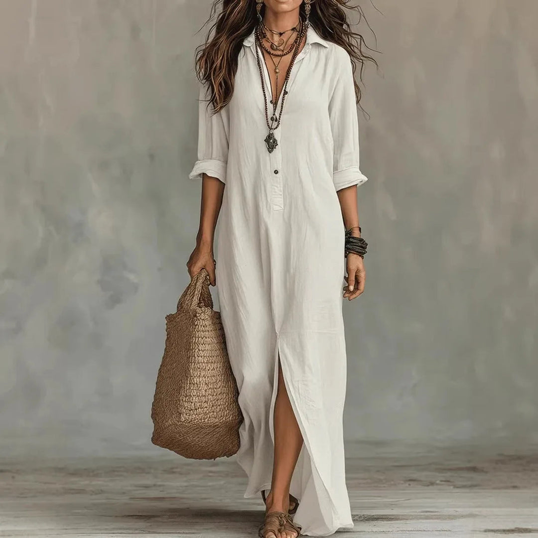 Button-Front Collar 3/4 Sleeve Loose Maxi Shirt Dress for Women