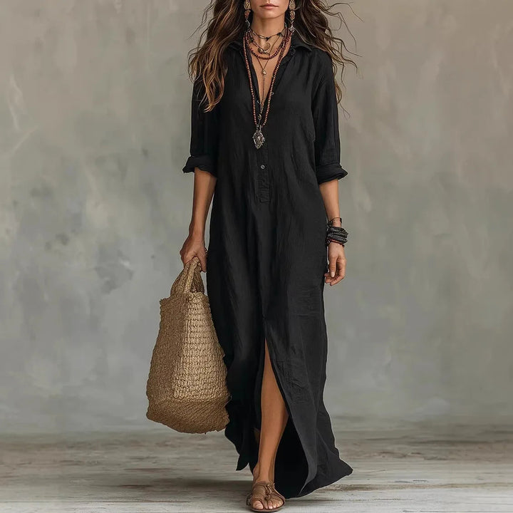 Button-Front Collar 3/4 Sleeve Loose Maxi Shirt Dress for Women