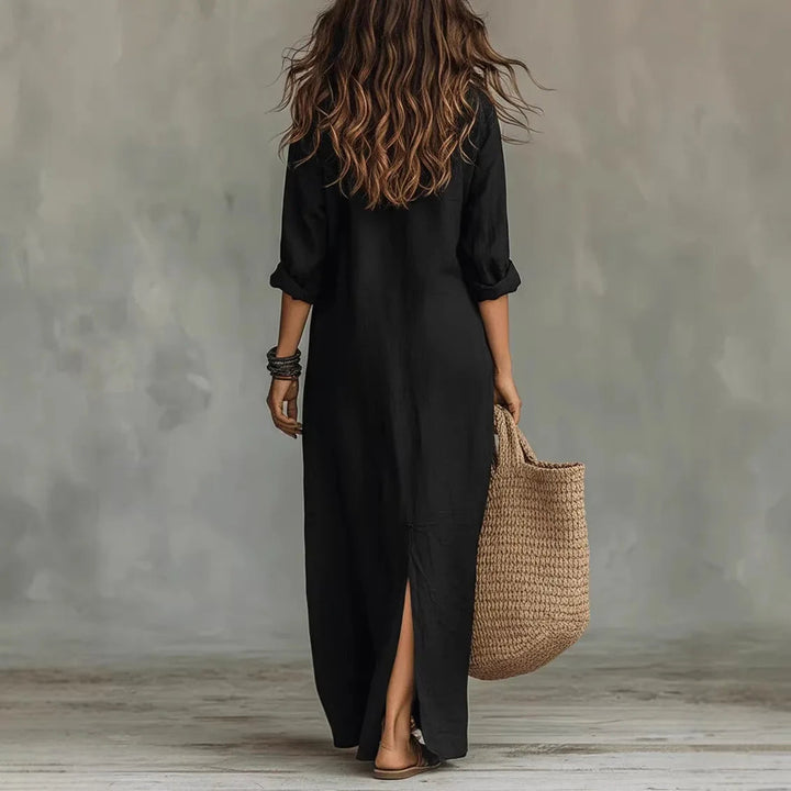 Button-Front Collar 3/4 Sleeve Loose Maxi Shirt Dress for Women