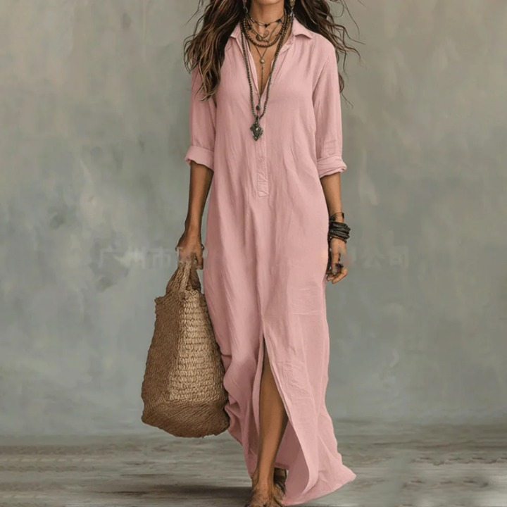 Button-Front Collar 3/4 Sleeve Loose Maxi Shirt Dress for Women