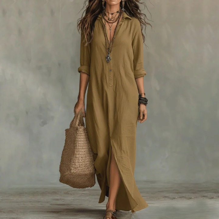Button-Front Collar 3/4 Sleeve Loose Maxi Shirt Dress for Women