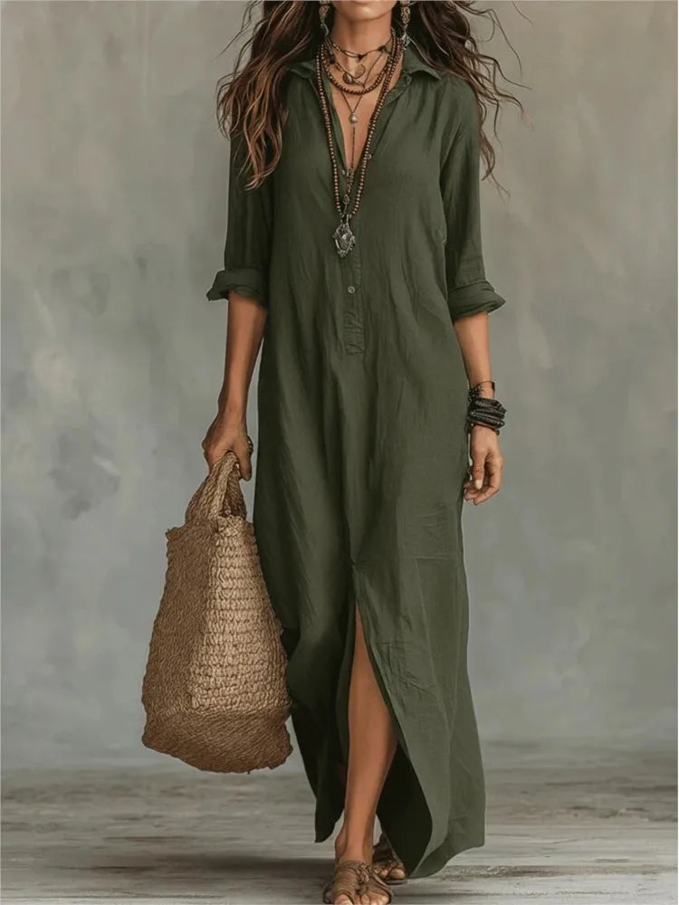 Button-Front Collar 3/4 Sleeve Loose Maxi Shirt Dress for Women