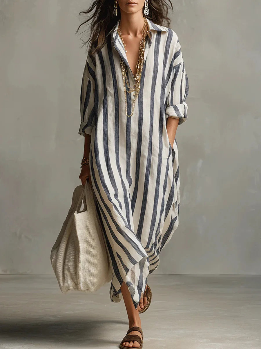 Striped V-Neck Loose Fit Maxi Shirt Dress for Women
