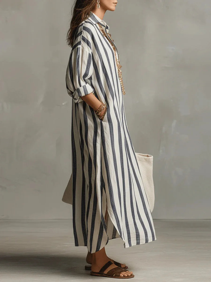 Striped V-Neck Loose Fit Maxi Shirt Dress for Women