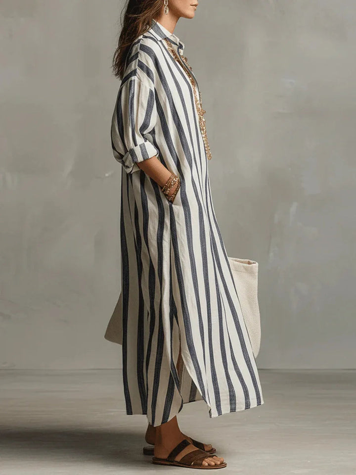 Striped V-Neck Loose Fit Maxi Shirt Dress for Women