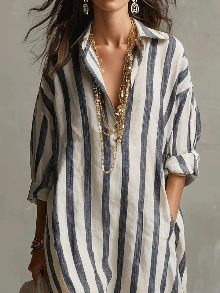 Striped V-Neck Loose Fit Maxi Shirt Dress for Women