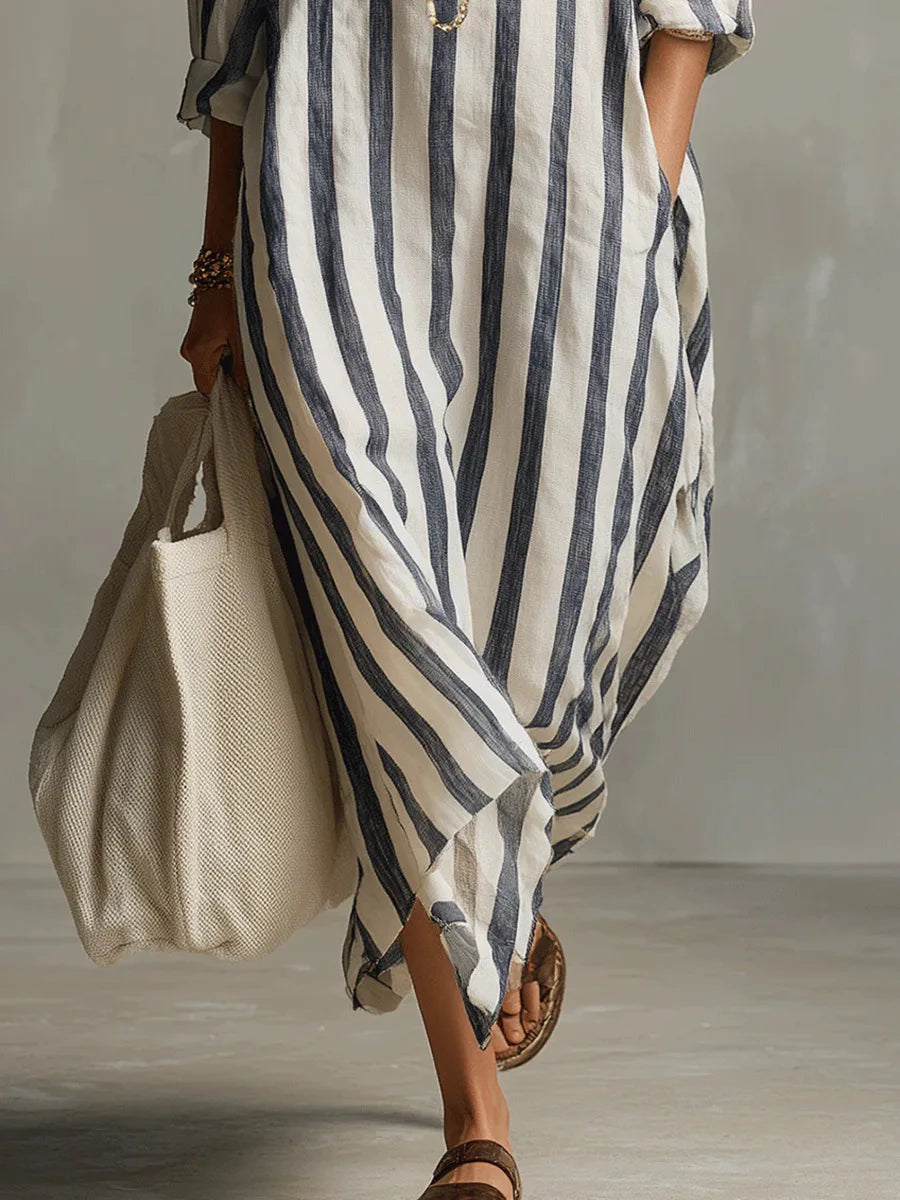 Striped V-Neck Loose Fit Maxi Shirt Dress for Women