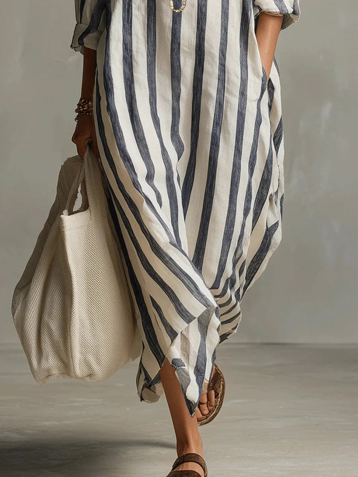 Striped V-Neck Loose Fit Maxi Shirt Dress for Women