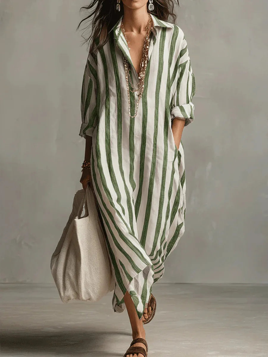 Striped V-Neck Loose Fit Maxi Shirt Dress for Women