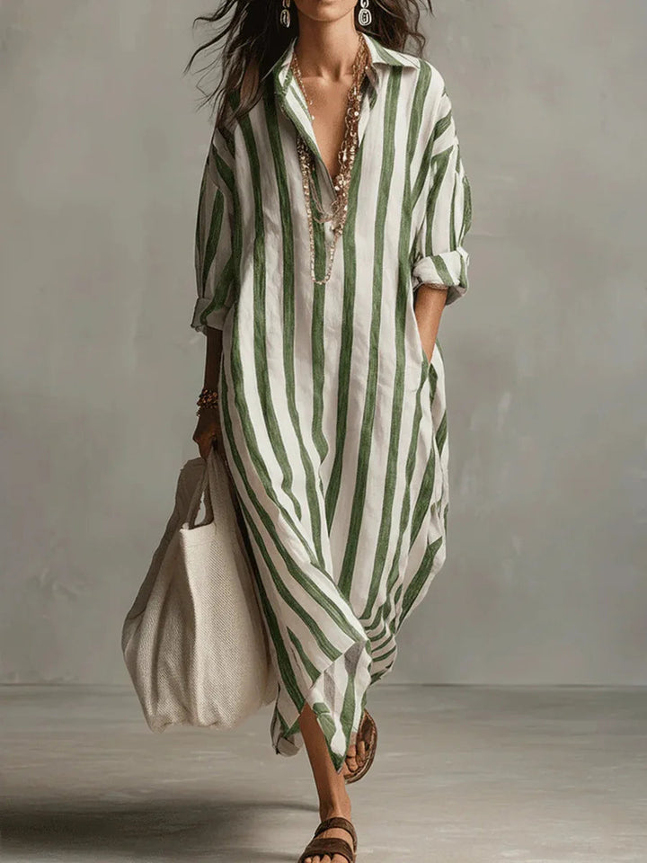 Striped V-Neck Loose Fit Maxi Shirt Dress for Women
