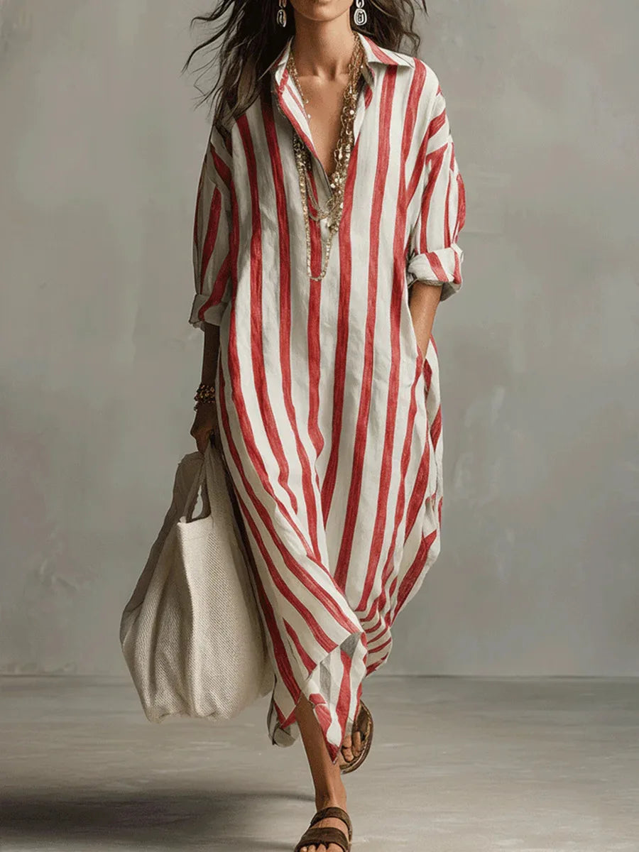 Striped V-Neck Loose Fit Maxi Shirt Dress for Women