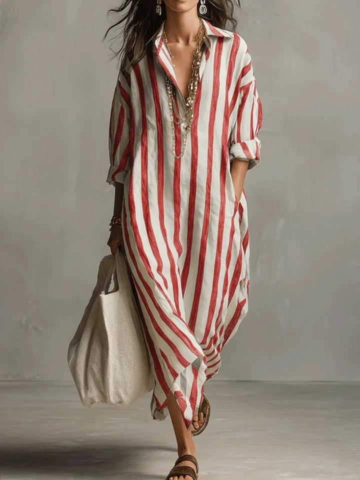 Striped V-Neck Loose Fit Maxi Shirt Dress for Women