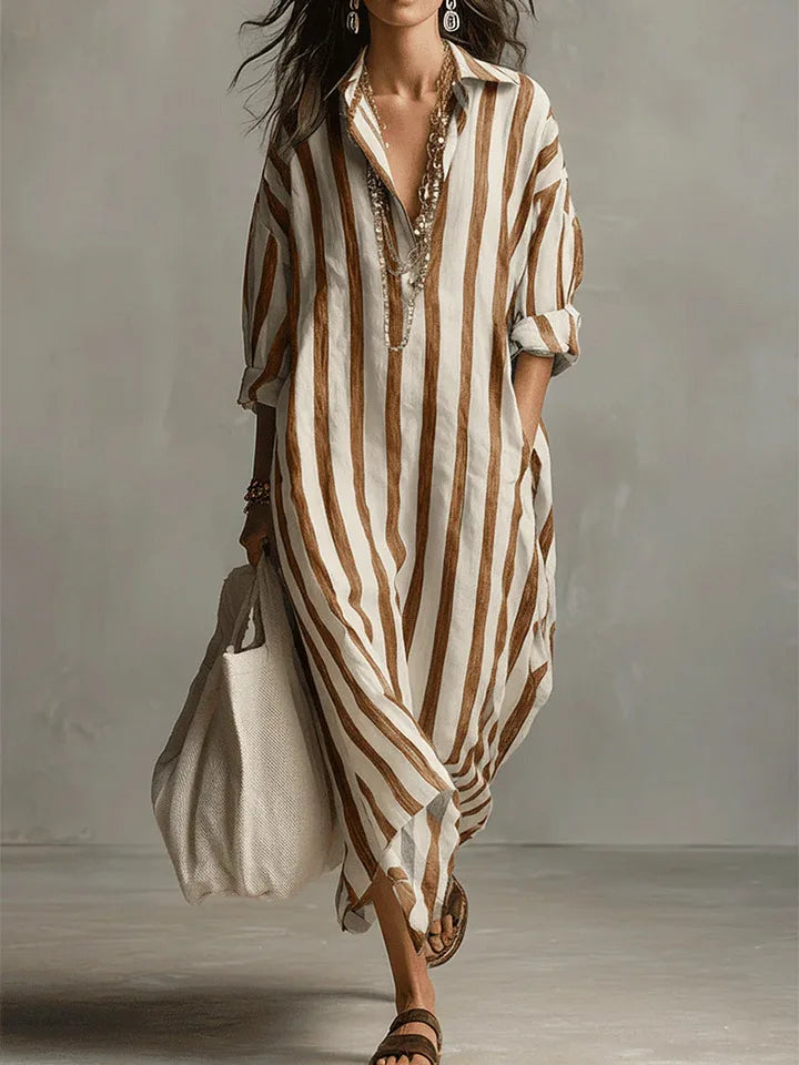 Striped V-Neck Loose Fit Maxi Shirt Dress for Women