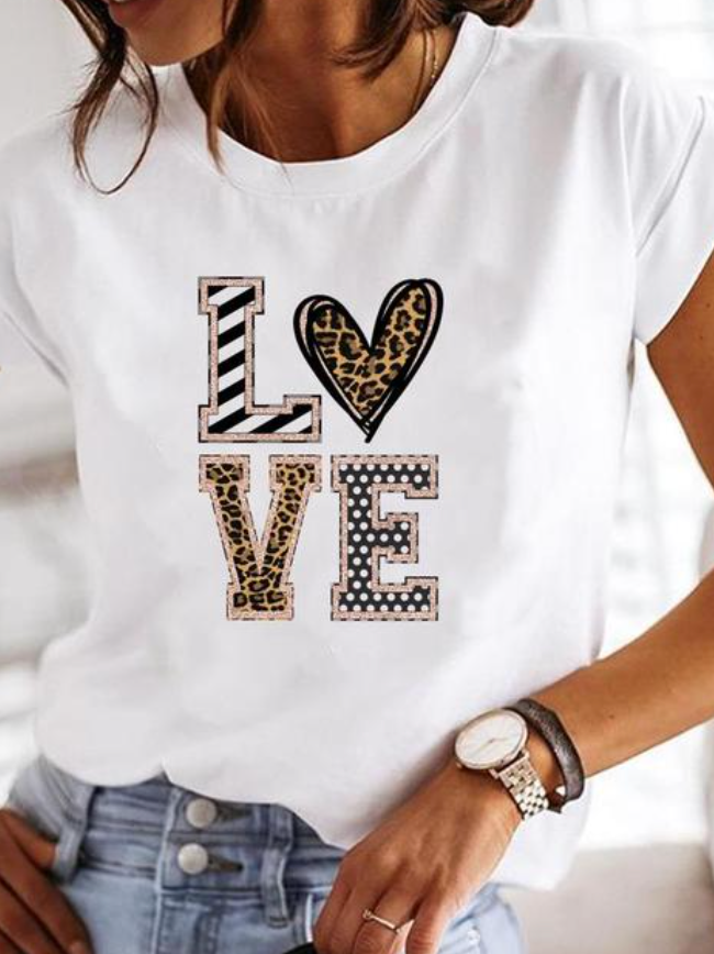 Heart Print Crew Neck Short Sleeve Graphic Tee for Women
