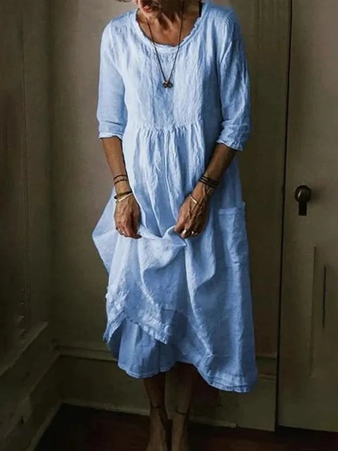 Round Neck 3/4 Sleeve Tiered Midi Dress for Women