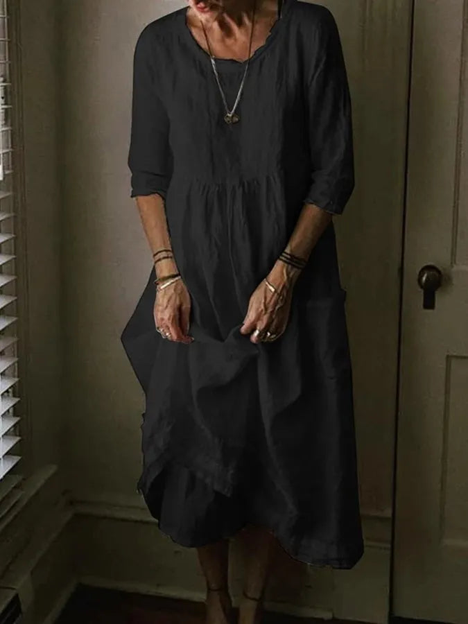 Round Neck 3/4 Sleeve Tiered Midi Dress for Women