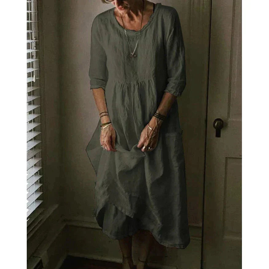Round Neck 3/4 Sleeve Tiered Midi Dress for Women