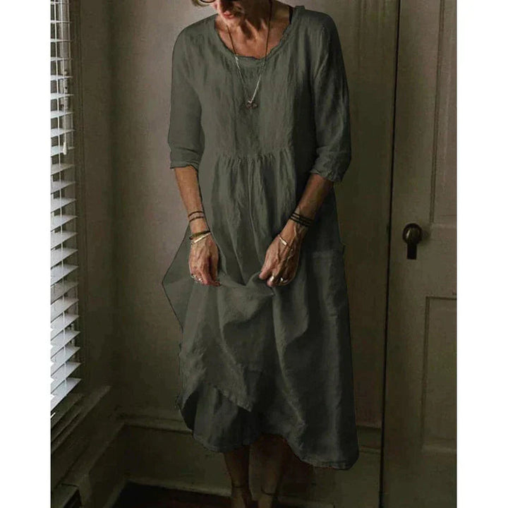 Round Neck 3/4 Sleeve Tiered Midi Dress for Women