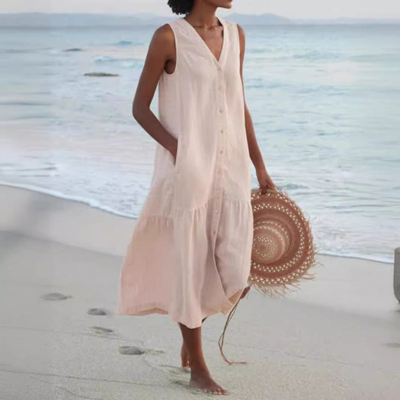 V-Neck Sleeveless Button-Front Midi Dress for Women