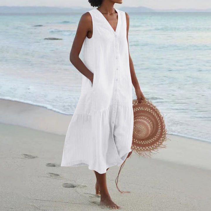 V-Neck Sleeveless Button Front Midi Dress for Women