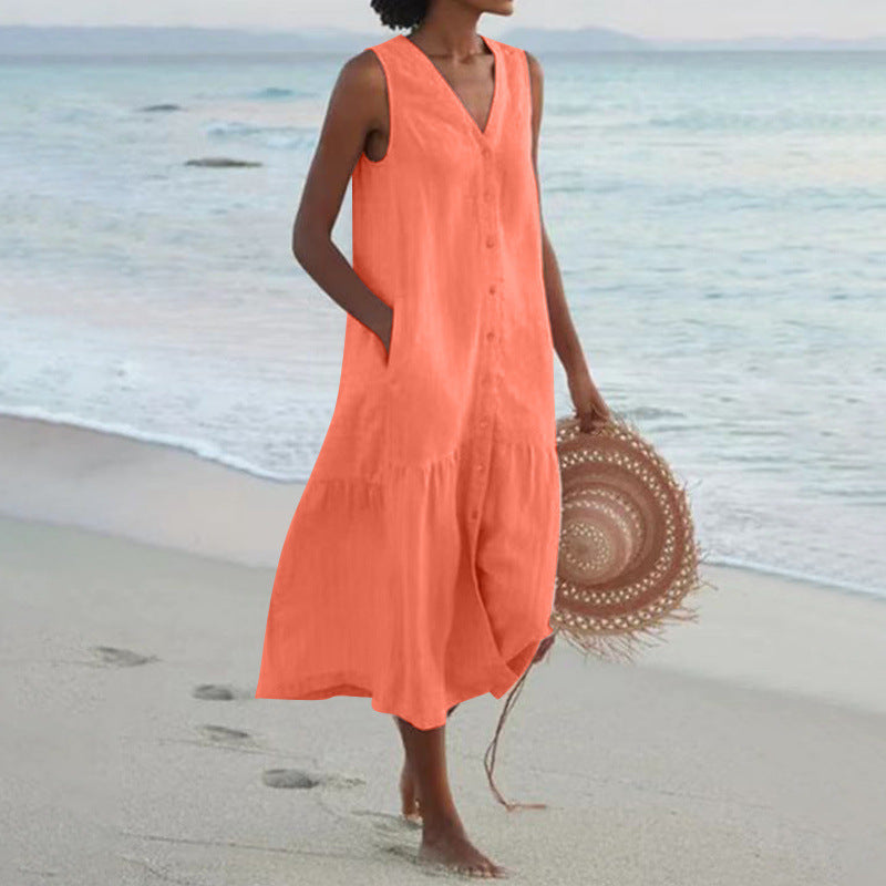 V-Neck Sleeveless Button Front Midi Dress for Women