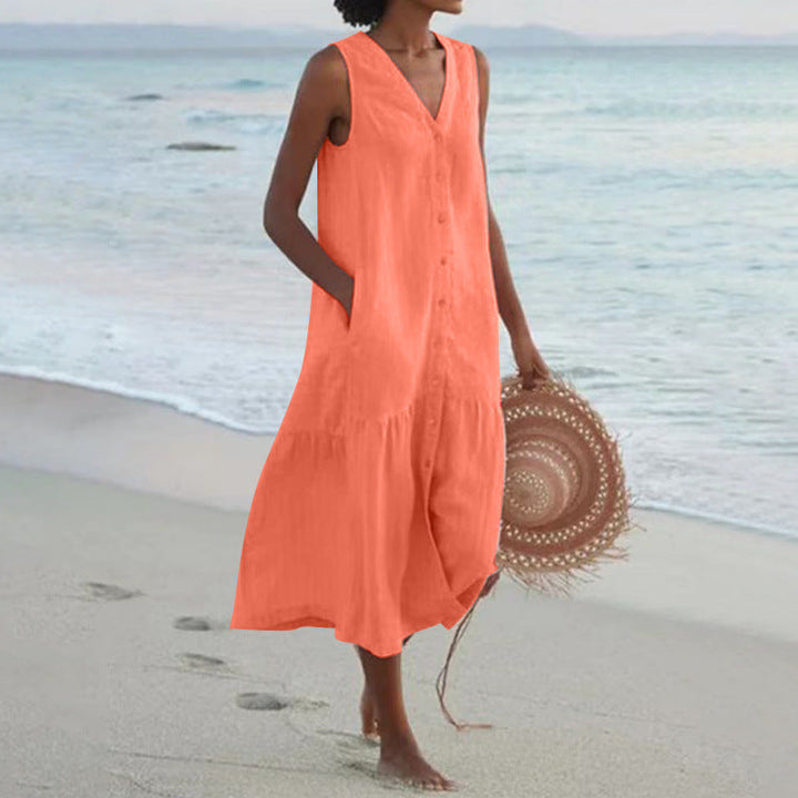 V-Neck Sleeveless Button Front Midi Dress for Women