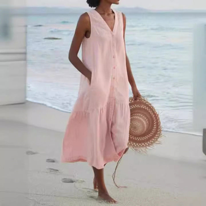 V-Neck Sleeveless Button Front Midi Dress for Women
