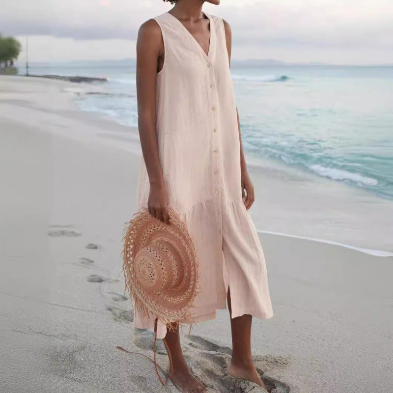 V-Neck Sleeveless Button-Front Midi Dress for Women
