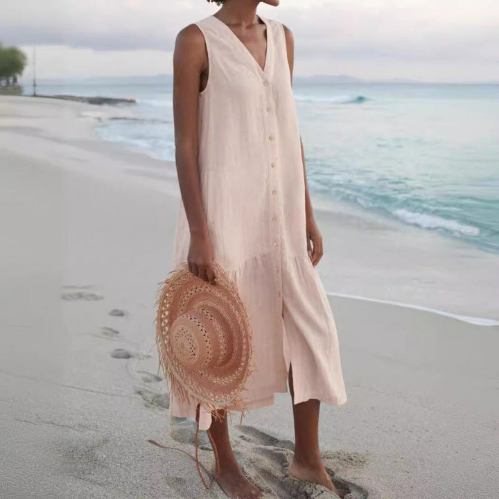 V-Neck Sleeveless Button-Front Midi Dress for Women