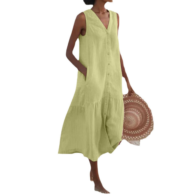 V-Neck Sleeveless Button-Front Midi Dress for Women
