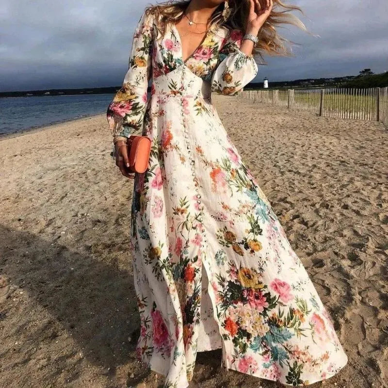 Floral Print V-Neck Long Sleeve Maxi Dress for Women
