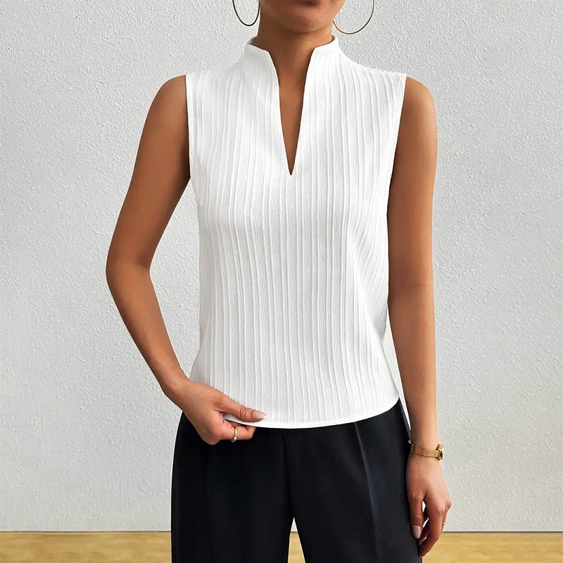 Striped V-Neck Sleeveless Blouse with Stand Collar for Women