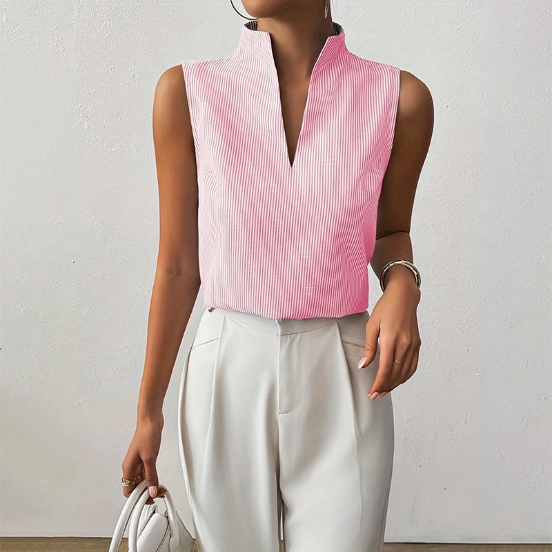 Striped V-Neck Sleeveless Blouse with Stand Collar for Women