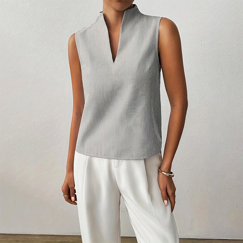 Striped V-Neck Sleeveless Blouse with Stand Collar for Women