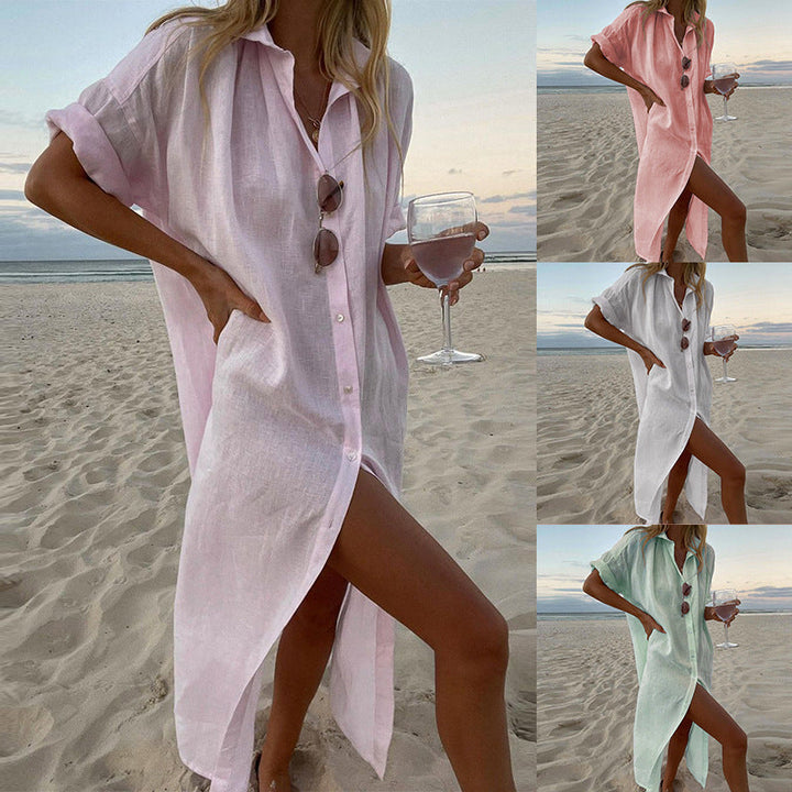 Button-Down Collared Midi Beach Shirt Dress for Women