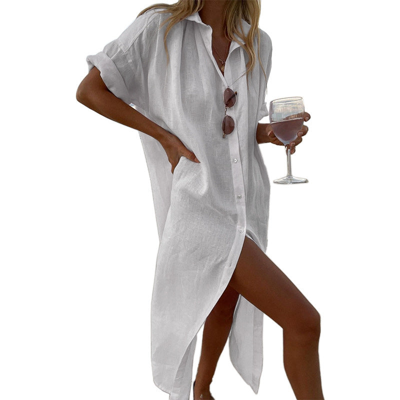 Button-Down Collared Midi Beach Shirt Dress for Women