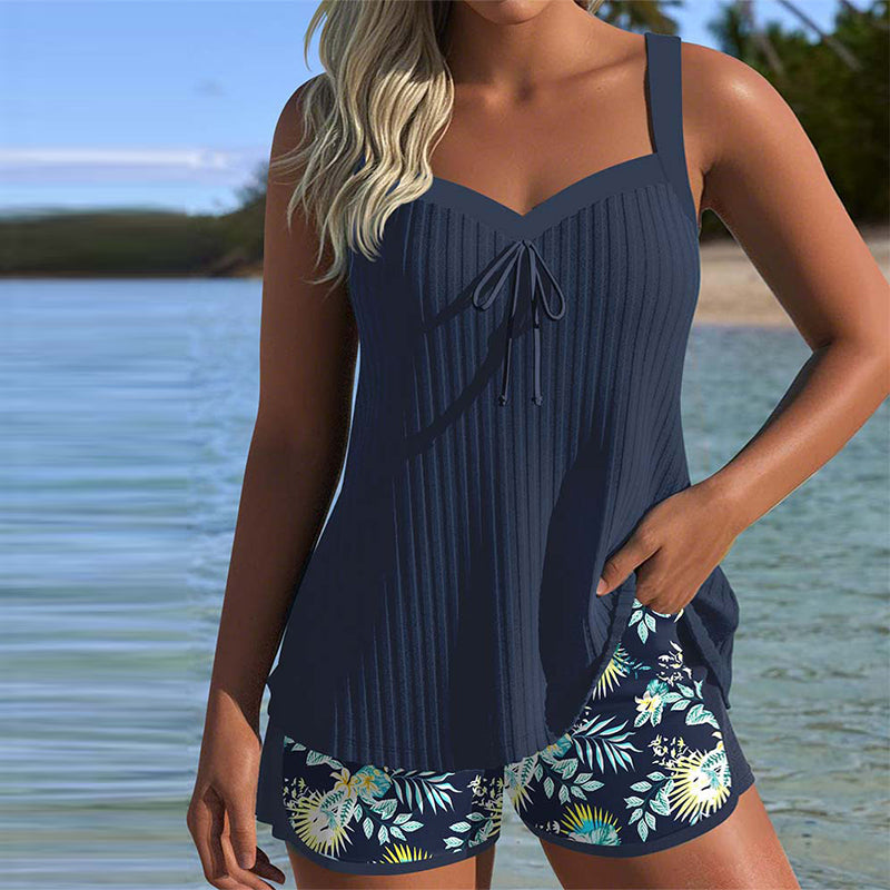 Tummy Control Striped Tankini Set for Women