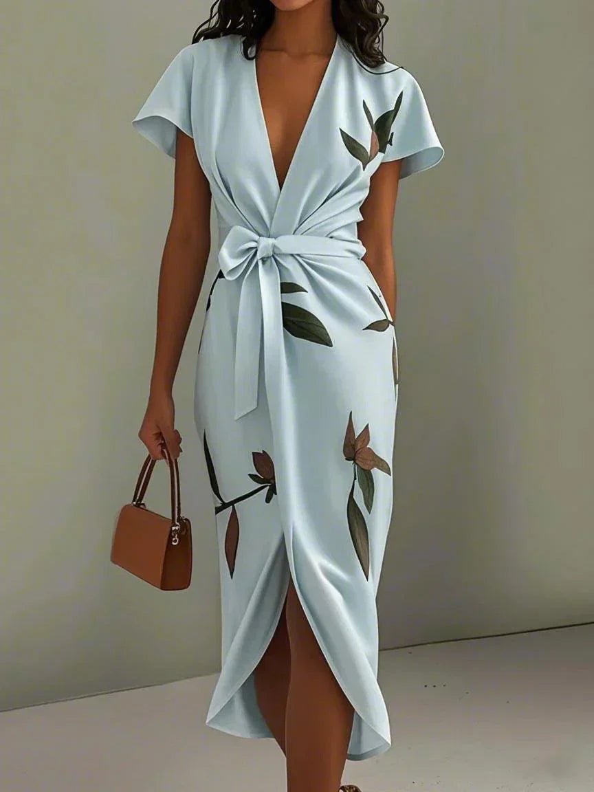 Floral Print V-Neck Wrap Midi Dress for Women