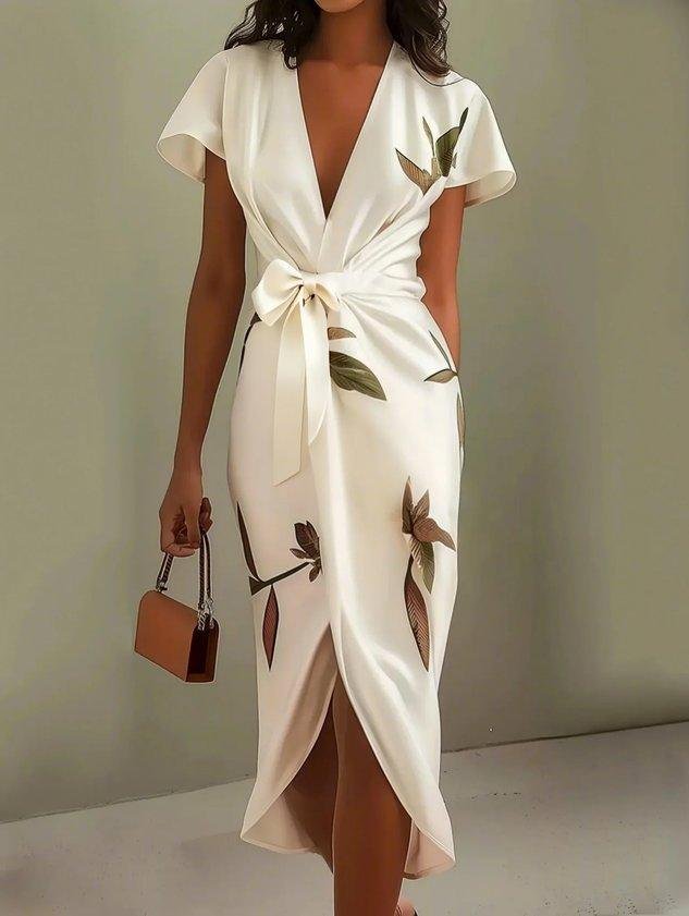 Floral Print V-Neck Wrap Midi Dress for Women