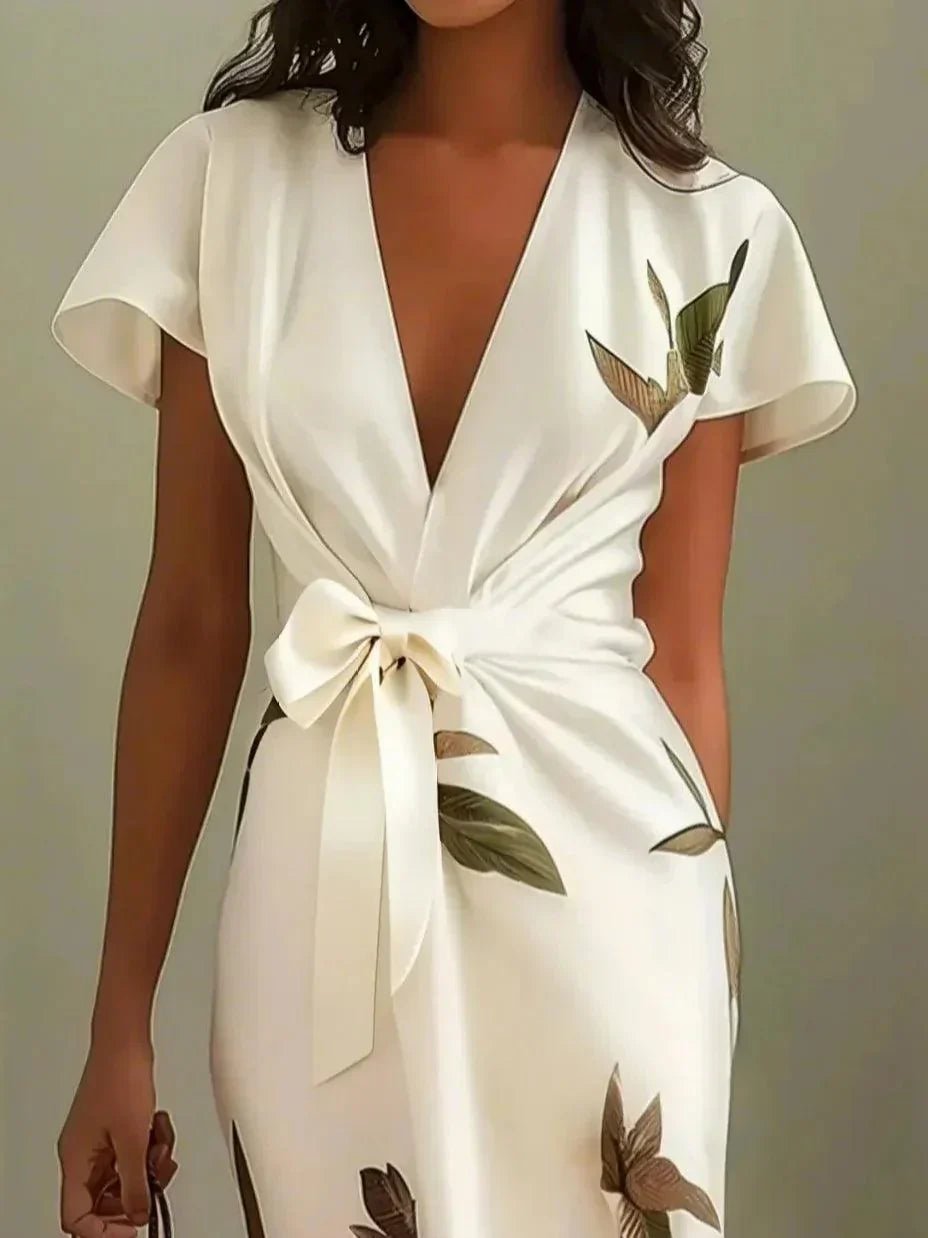 Floral Print V-Neck Wrap Midi Dress for Women